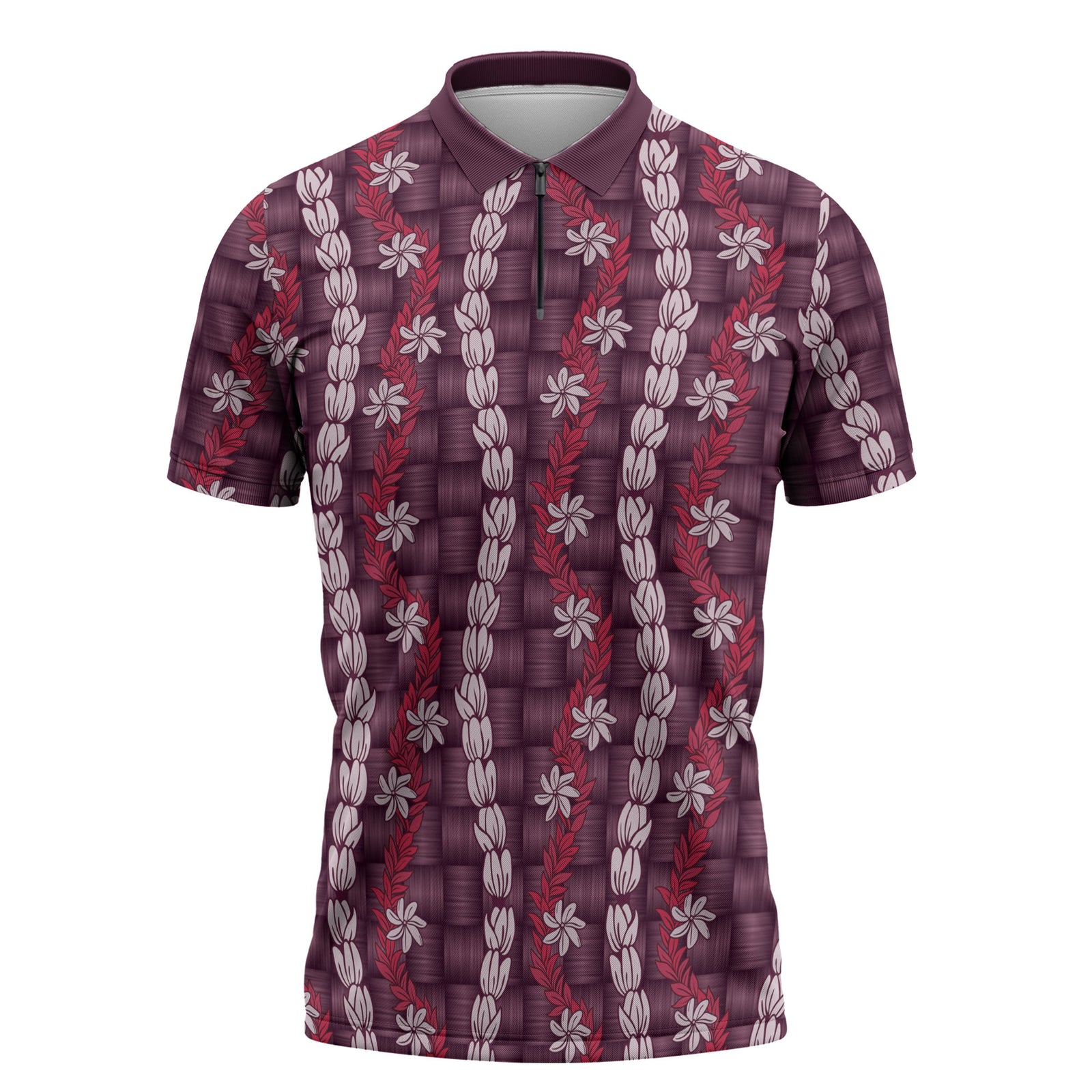 Pikake Maile Tiare Lei Zipper Polo Shirt Akala Lauhala Pattern LT01 Pink - Polynesian Pride