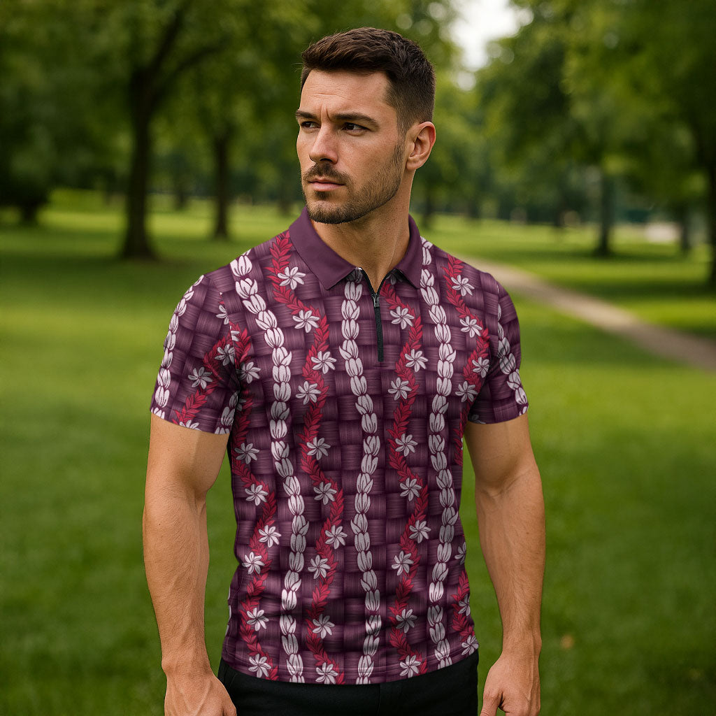 Pikake Maile Tiare Lei Zipper Polo Shirt Akala Lauhala Pattern