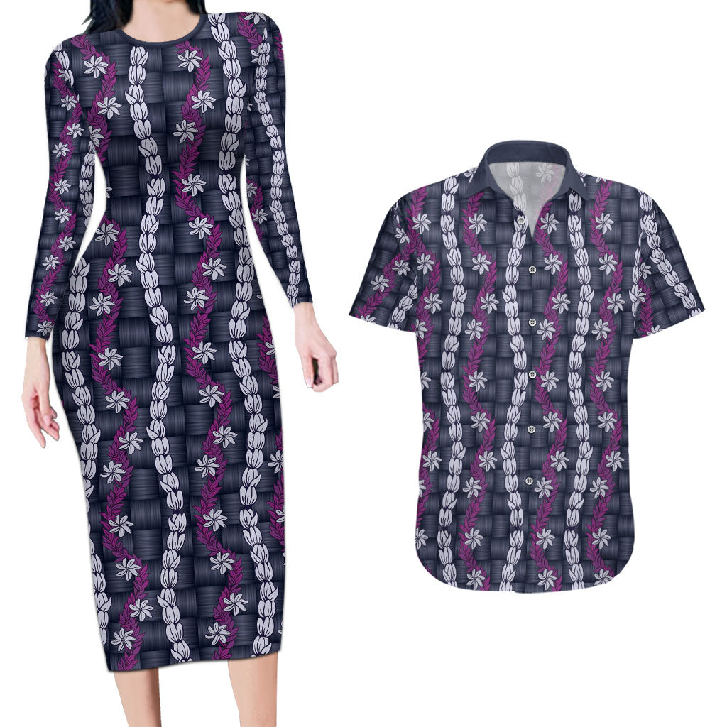 Pikake Maile Tiare Lei Couples Matching Long Sleeve Bodycon Dress and Hawaiian Shirt Poni Lauhala Pattern
