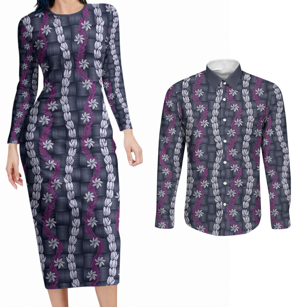 Pikake Maile Tiare Lei Couples Matching Long Sleeve Bodycon Dress and Long Sleeve Button Shirt Poni Lauhala Pattern LT01 Purple - Polynesian Pride