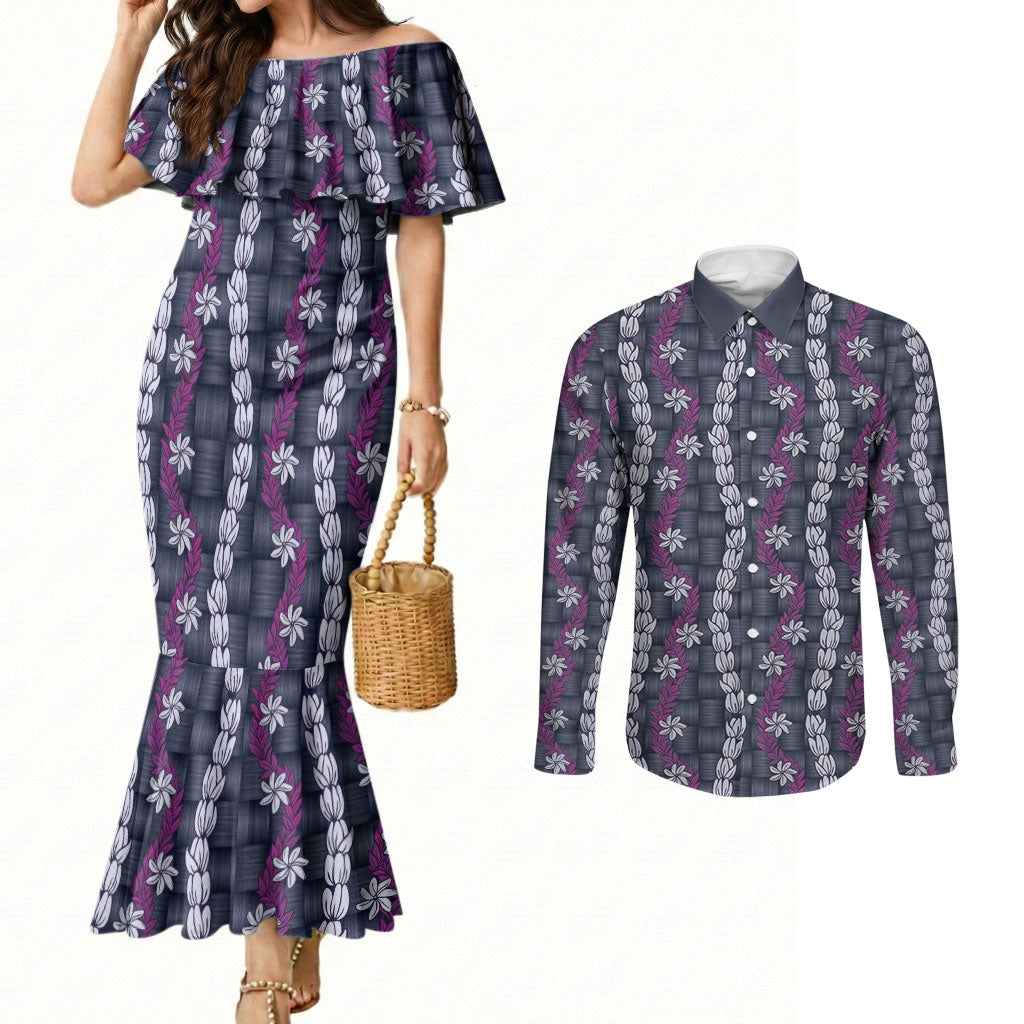 Pikake Maile Tiare Lei Couples Matching Mermaid Dress and Long Sleeve Button Shirt Poni Lauhala Pattern LT01 Purple - Polynesian Pride