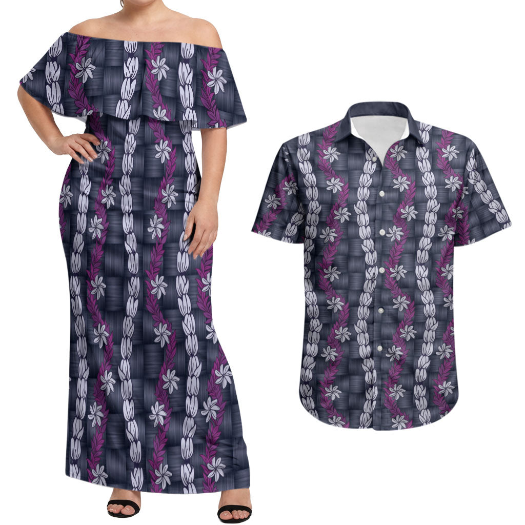 Pikake Maile Tiare Lei Couples Matching Off Shoulder Maxi Dress and Hawaiian Shirt Poni Lauhala Pattern LT01 Purple - Polynesian Pride