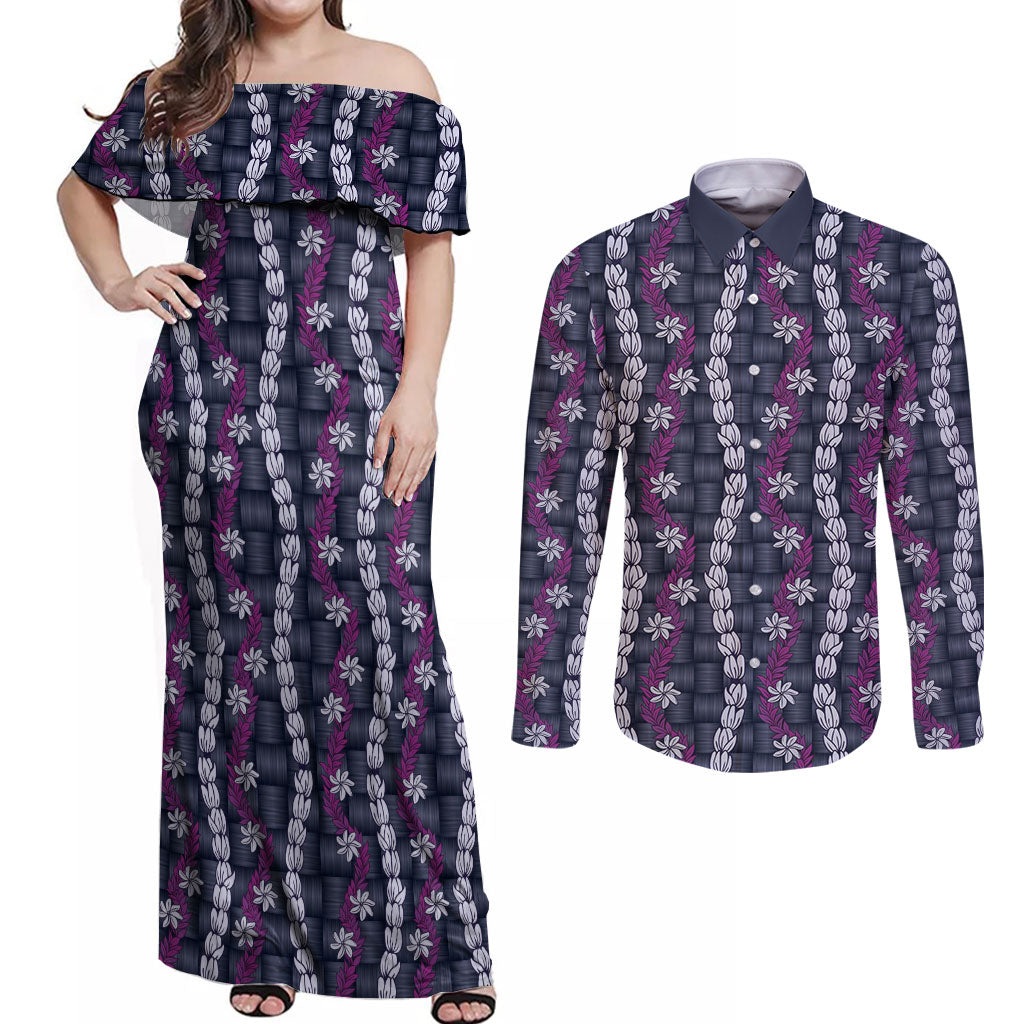 Pikake Maile Tiare Lei Couples Matching Off Shoulder Maxi Dress and Long Sleeve Button Shirt Poni Lauhala Pattern