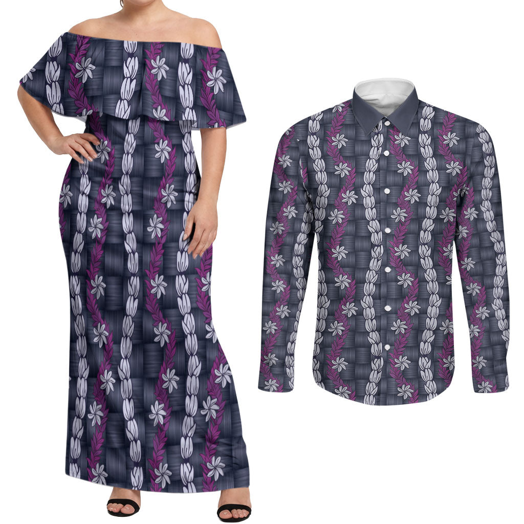 Pikake Maile Tiare Lei Couples Matching Off Shoulder Maxi Dress and Long Sleeve Button Shirt Poni Lauhala Pattern LT01 Purple - Polynesian Pride