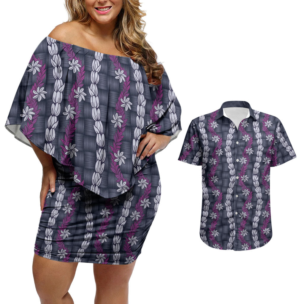 Pikake Maile Tiare Lei Couples Matching Off Shoulder Short Dress and Hawaiian Shirt Poni Lauhala Pattern LT01 Purple - Polynesian Pride