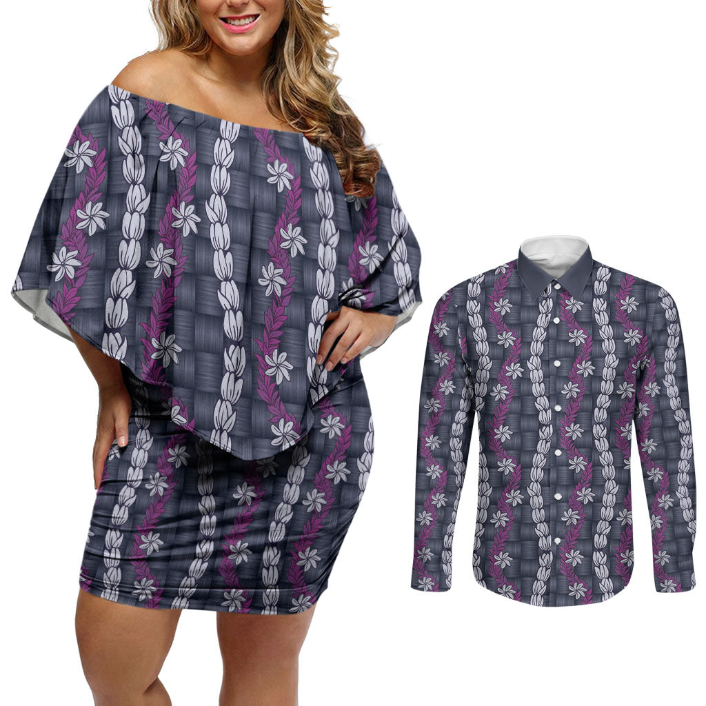 Pikake Maile Tiare Lei Couples Matching Off Shoulder Short Dress and Long Sleeve Button Shirt Poni Lauhala Pattern LT01 Purple - Polynesian Pride