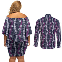 Pikake Maile Tiare Lei Couples Matching Off Shoulder Short Dress and Long Sleeve Button Shirt Poni Lauhala Pattern