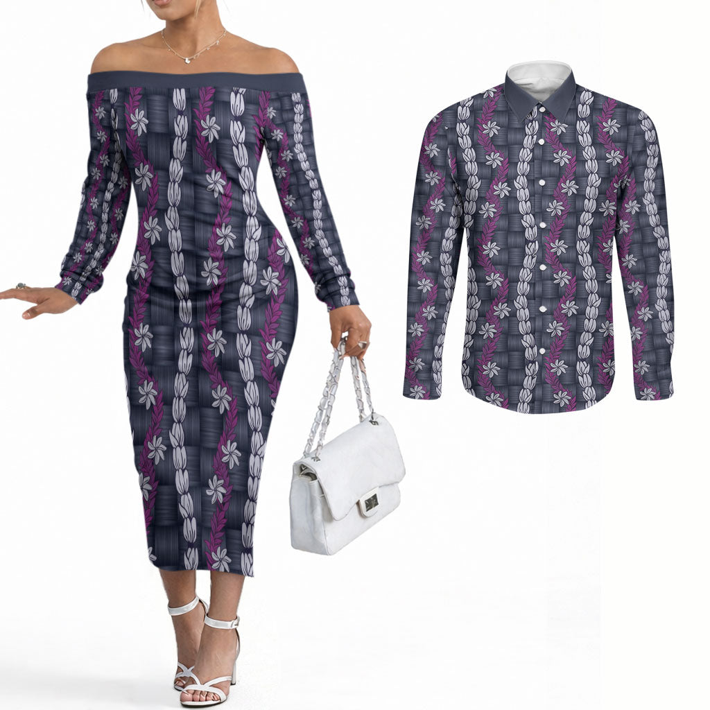 Pikake Maile Tiare Lei Couples Matching Off The Shoulder Long Sleeve Dress and Long Sleeve Button Shirt Poni Lauhala Pattern LT01 Purple - Polynesian Pride