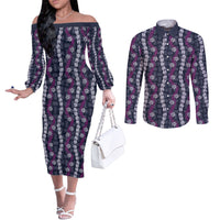 Pikake Maile Tiare Lei Couples Matching Off The Shoulder Long Sleeve Dress and Long Sleeve Button Shirt Poni Lauhala Pattern