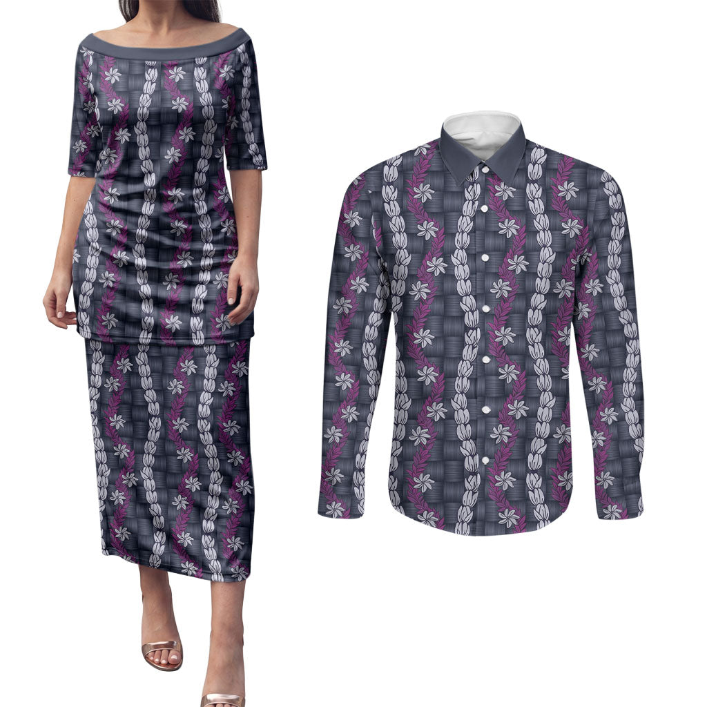 Pikake Maile Tiare Lei Couples Matching Puletasi and Long Sleeve Button Shirt Poni Lauhala Pattern LT01 Purple - Polynesian Pride