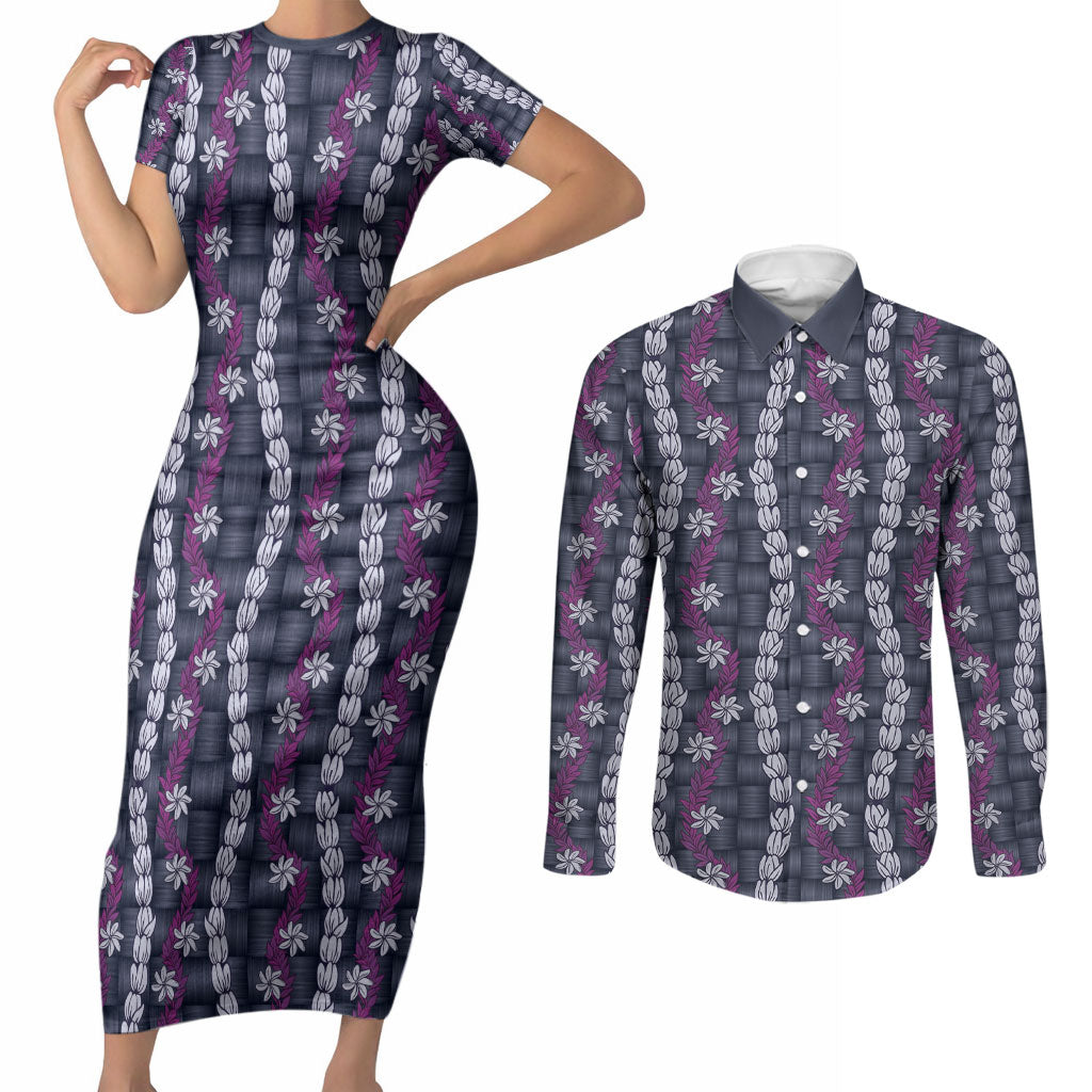 Pikake Maile Tiare Lei Couples Matching Short Sleeve Bodycon Dress and Long Sleeve Button Shirt Poni Lauhala Pattern LT01 Purple - Polynesian Pride