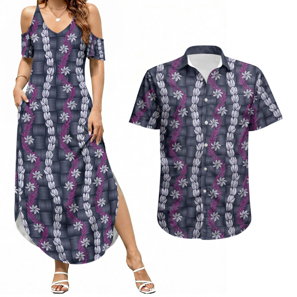 Pikake Maile Tiare Lei Couples Matching Summer Maxi Dress and Hawaiian Shirt Poni Lauhala Pattern LT01 Purple - Polynesian Pride