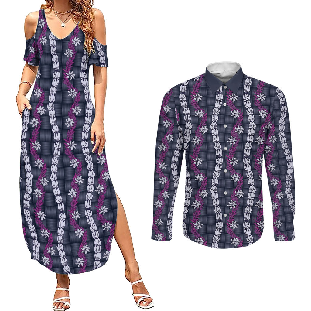 Pikake Maile Tiare Lei Couples Matching Summer Maxi Dress and Long Sleeve Button Shirt Poni Lauhala Pattern