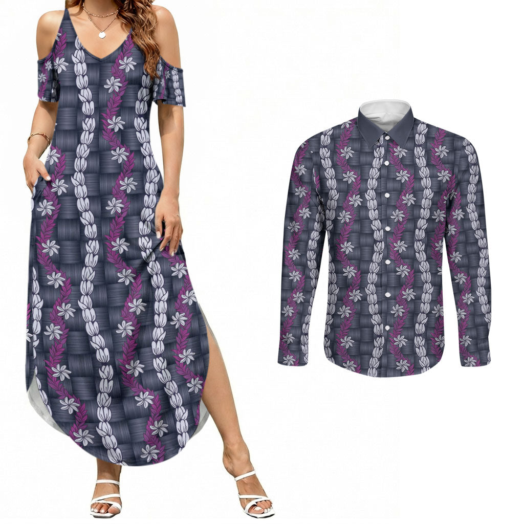 Pikake Maile Tiare Lei Couples Matching Summer Maxi Dress and Long Sleeve Button Shirt Poni Lauhala Pattern LT01 Purple - Polynesian Pride