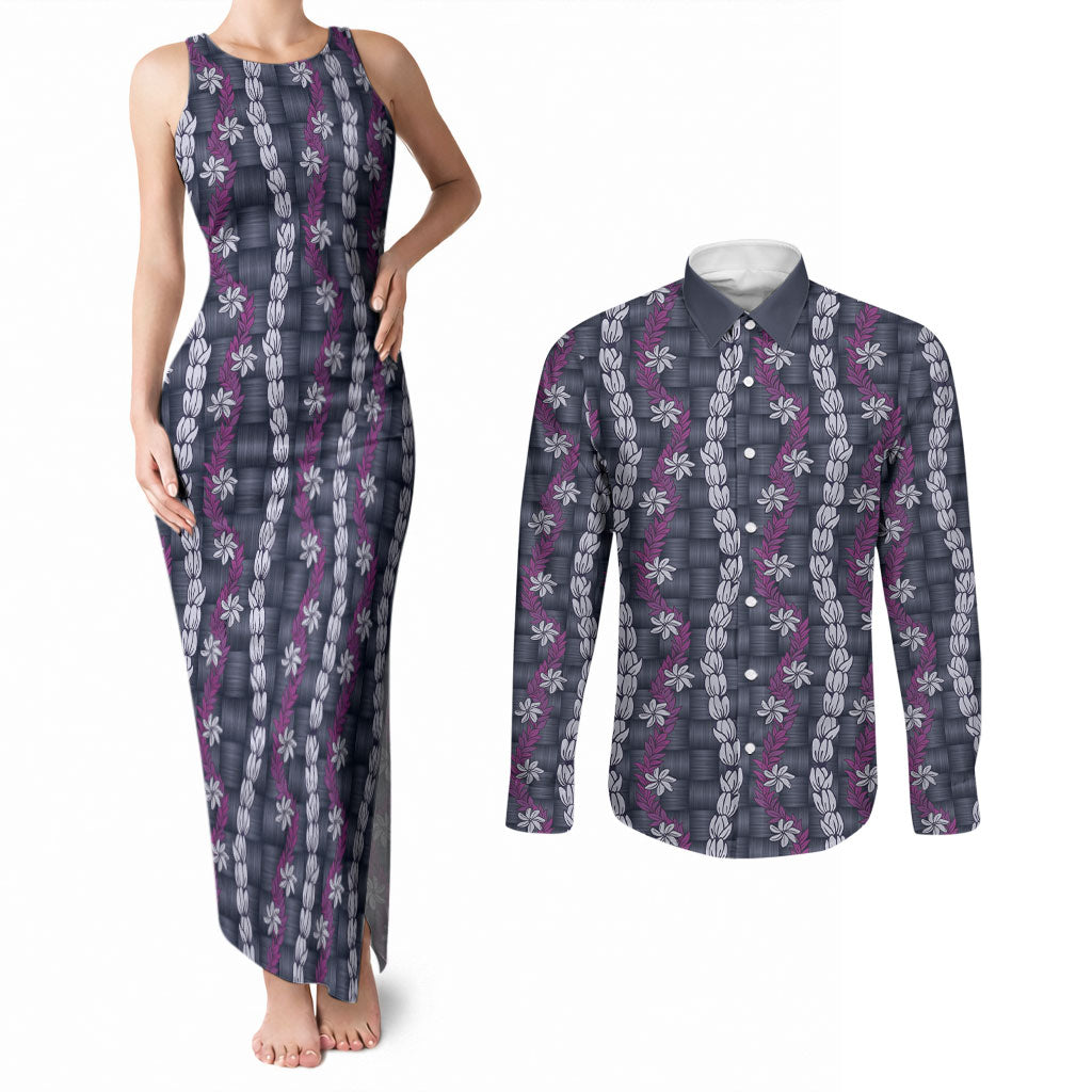 Pikake Maile Tiare Lei Couples Matching Tank Maxi Dress and Long Sleeve Button Shirt Poni Lauhala Pattern LT01 Purple - Polynesian Pride