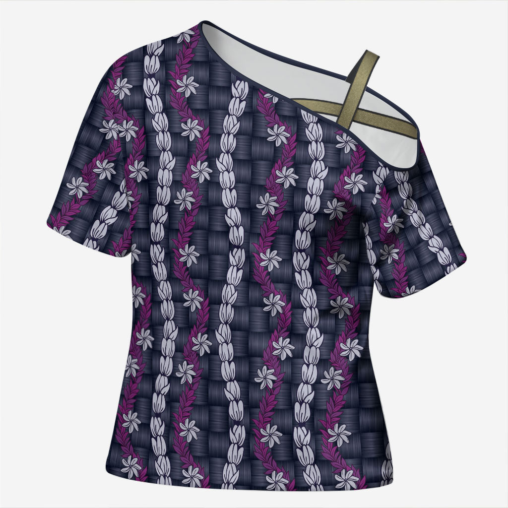 Pikake Maile Tiare Lei Cross Shoulder Shirt Poni Lauhala Pattern LT01 Female Purple - Polynesian Pride