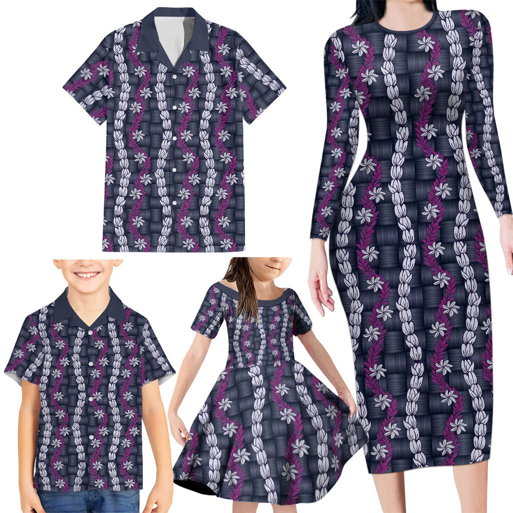Pikake Maile Tiare Lei Family Matching Long Sleeve Bodycon Dress and Hawaiian Shirt Poni Lauhala Pattern LT01 - Polynesian Pride