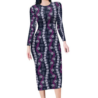 Pikake Maile Tiare Lei Family Matching Long Sleeve Bodycon Dress and Hawaiian Shirt Poni Lauhala Pattern LT01 Mom's Dress Purple - Polynesian Pride
