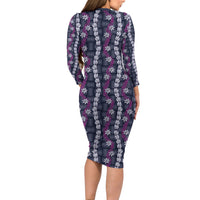 Pikake Maile Tiare Lei Family Matching Long Sleeve Bodycon Dress and Hawaiian Shirt Poni Lauhala Pattern LT01 - Polynesian Pride