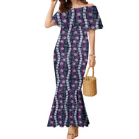 Pikake Maile Tiare Lei Family Matching Mermaid Dress and Hawaiian Shirt Poni Lauhala Pattern LT01 Mom's Dress Purple - Polynesian Pride