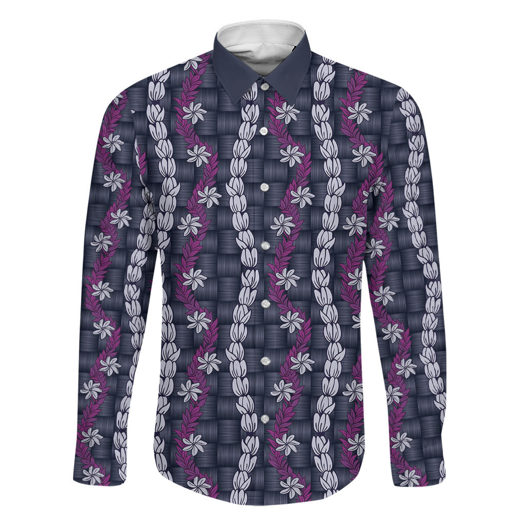 Pikake Maile Tiare Lei Family Matching Off Shoulder Short Dress and Hawaiian Shirt Poni Lauhala Pattern LT01 Dad's Shirt - Long Sleeve Purple - Polynesian Pride