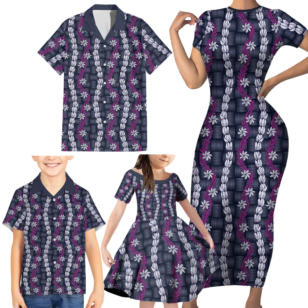 Pikake Maile Tiare Lei Family Matching Short Sleeve Bodycon Dress and Hawaiian Shirt Poni Lauhala Pattern LT01 - Polynesian Pride