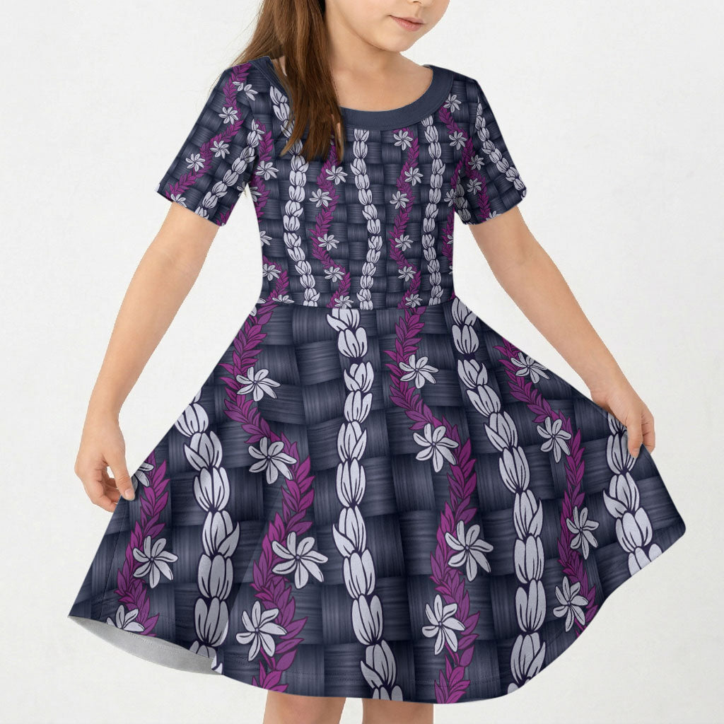 Pikake Maile Tiare Lei Kid Short Sleeve Dress Poni Lauhala Pattern LT01 KID Purple - Polynesian Pride