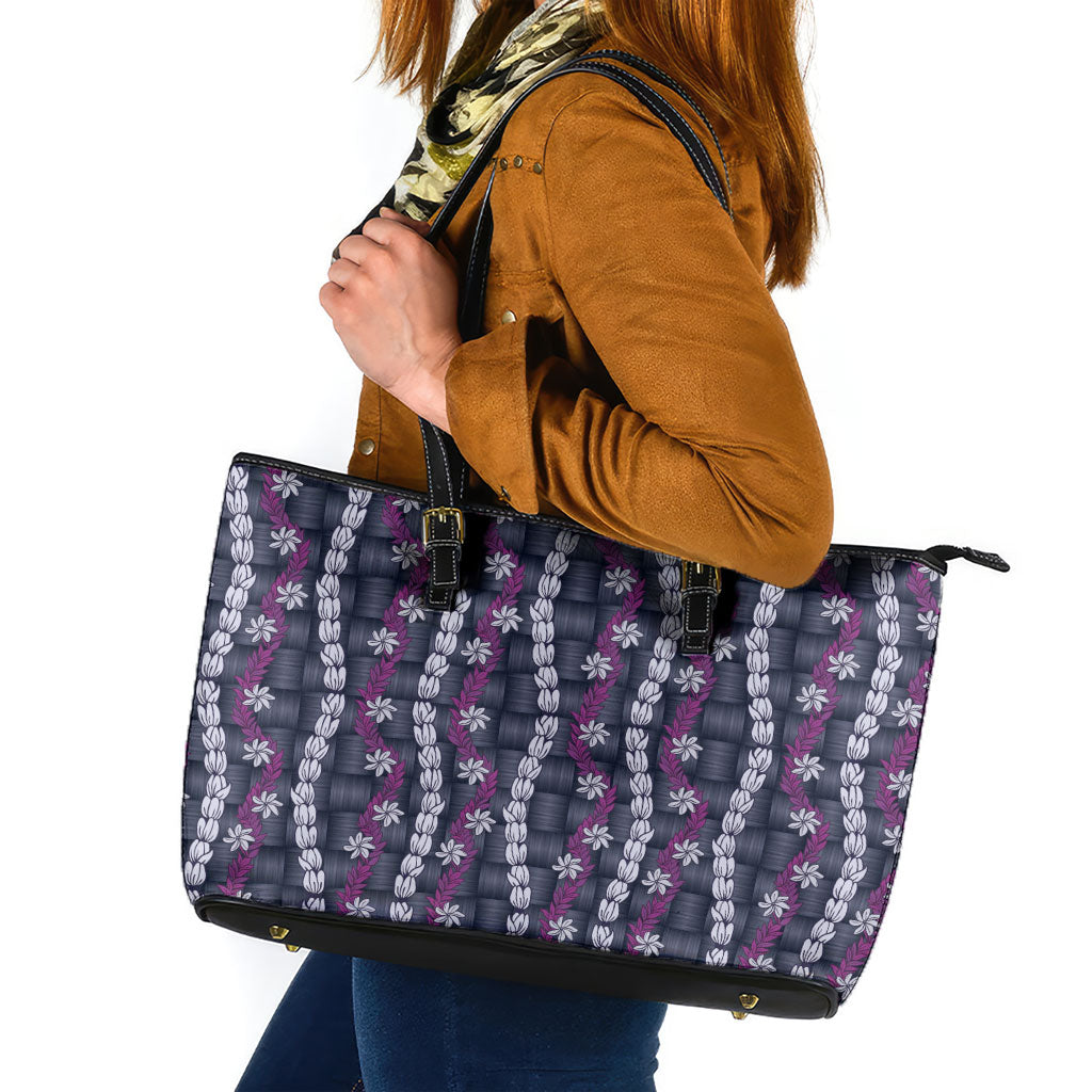 Pikake Maile Tiare Lei Leather Tote Bag Poni Lauhala Pattern LT01 Purple - Polynesian Pride