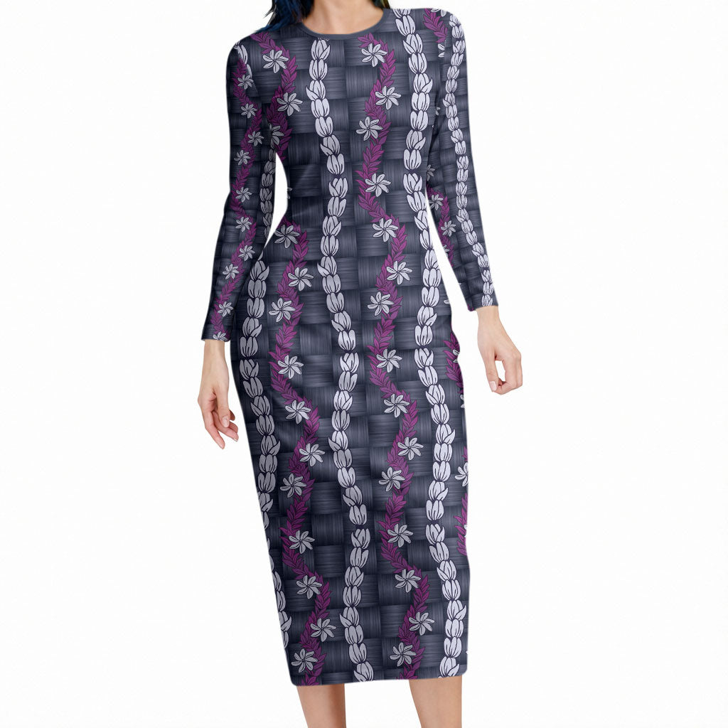 Pikake Maile Tiare Lei Long Sleeve Bodycon Dress Poni Lauhala Pattern LT01 Long Dress Purple - Polynesian Pride