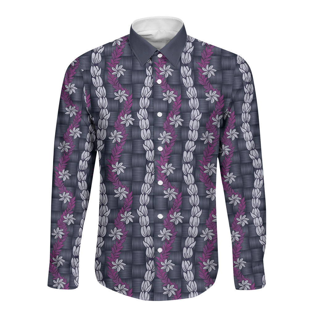 Pikake Maile Tiare Lei Long Sleeve Button Shirt Poni Lauhala Pattern LT01 Unisex Purple - Polynesian Pride