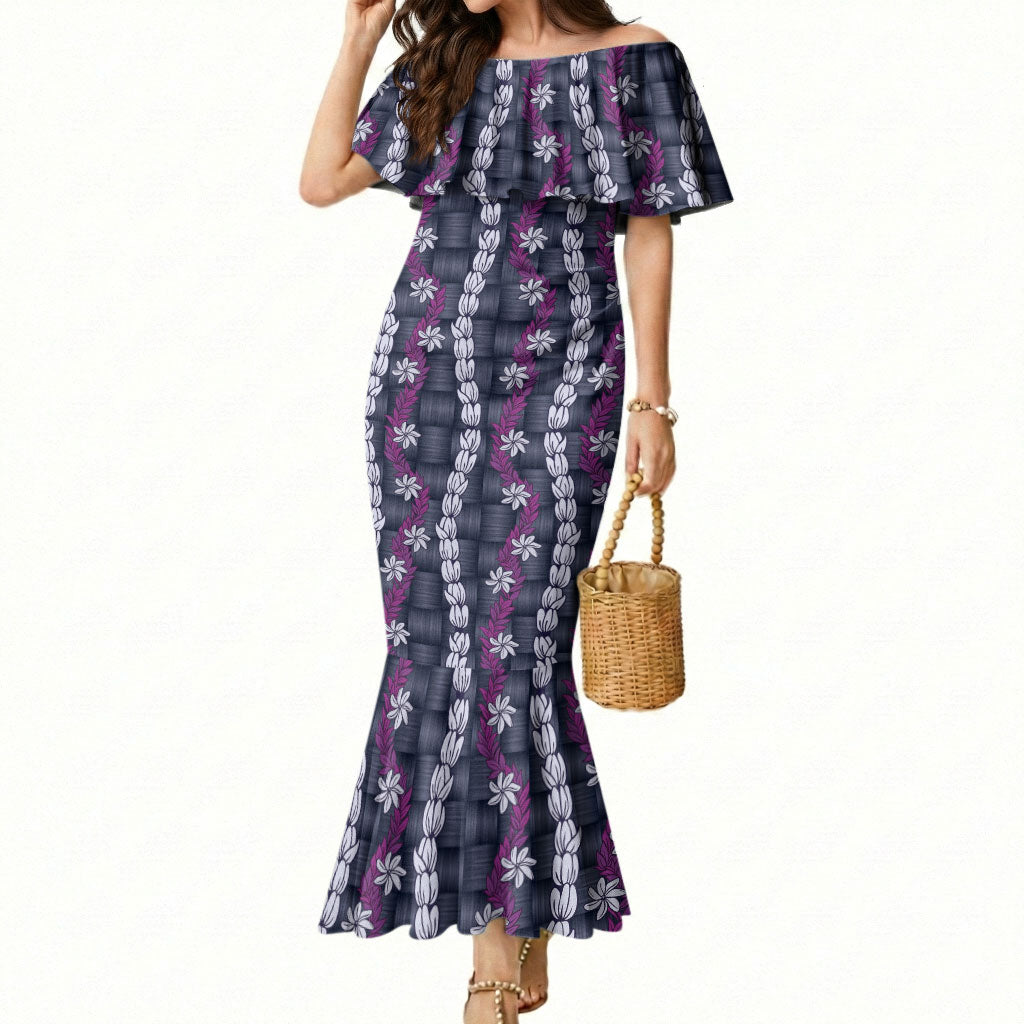 Pikake Maile Tiare Lei Mermaid Dress Poni Lauhala Pattern LT01 Women Purple - Polynesian Pride
