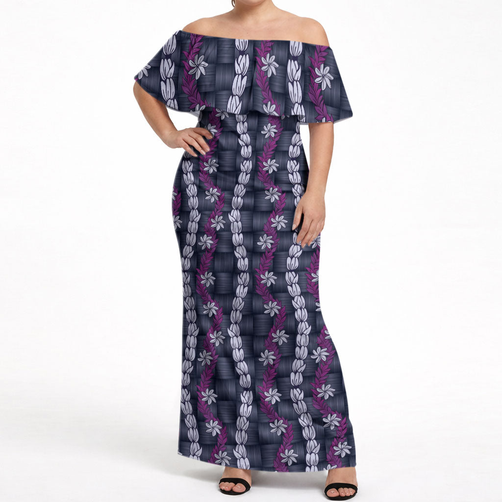 Pikake Maile Tiare Lei Off Shoulder Maxi Dress Poni Lauhala Pattern LT01 Women Purple - Polynesian Pride