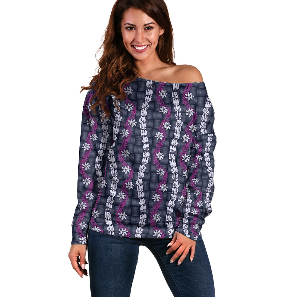 Pikake Maile Tiare Lei Off Shoulder Sweater Poni Lauhala Pattern LT01 Women Purple - Polynesian Pride