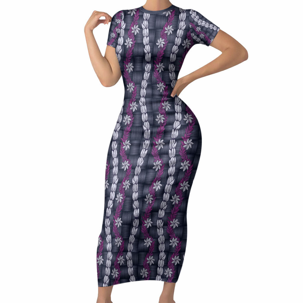 Pikake Maile Tiare Lei Short Sleeve Bodycon Dress Poni Lauhala Pattern LT01 Long Dress Purple - Polynesian Pride