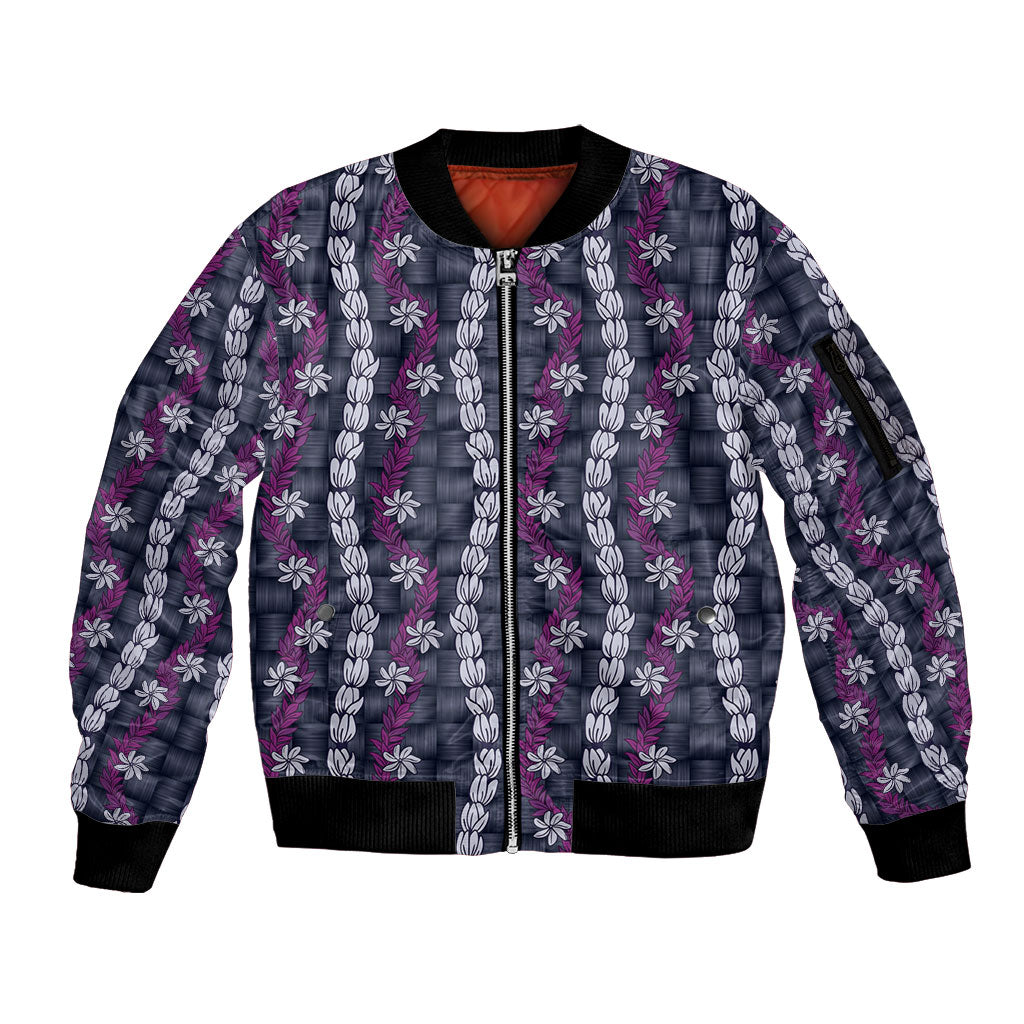 Pikake Maile Tiare Lei Sleeve Zip Bomber Jacket Poni Lauhala Pattern LT01 Unisex Purple - Polynesian Pride