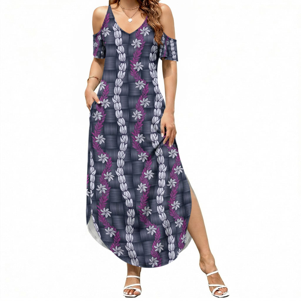 Pikake Maile Tiare Lei Summer Maxi Dress Poni Lauhala Pattern LT01 Women Purple - Polynesian Pride