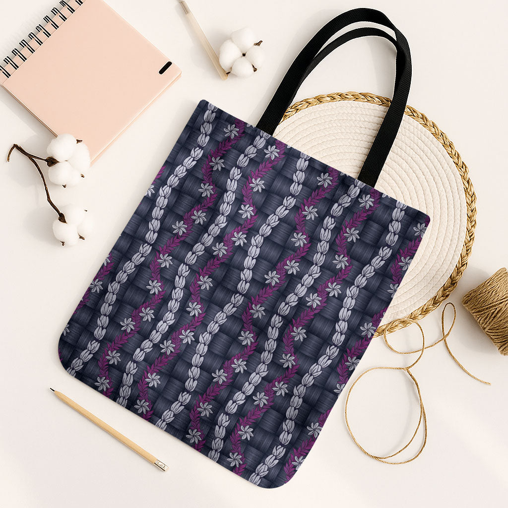 Pikake Maile Tiare Lei Tote Bag Poni Lauhala Pattern LT01 Black Strap One Size Purple - Polynesian Pride