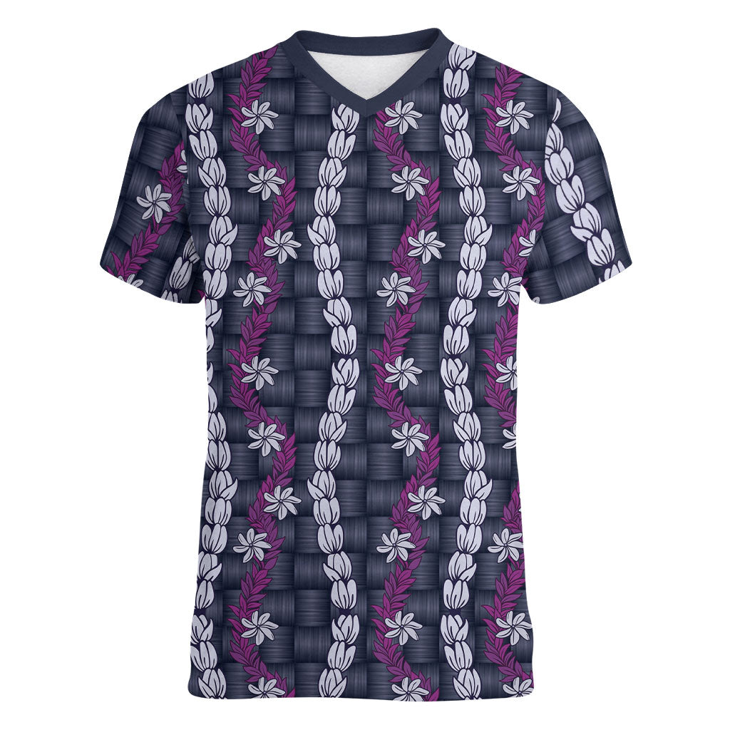Pikake Maile Tiare Lei Women V-Neck T-Shirt Poni Lauhala Pattern LT01 Female Purple - Polynesian Pride