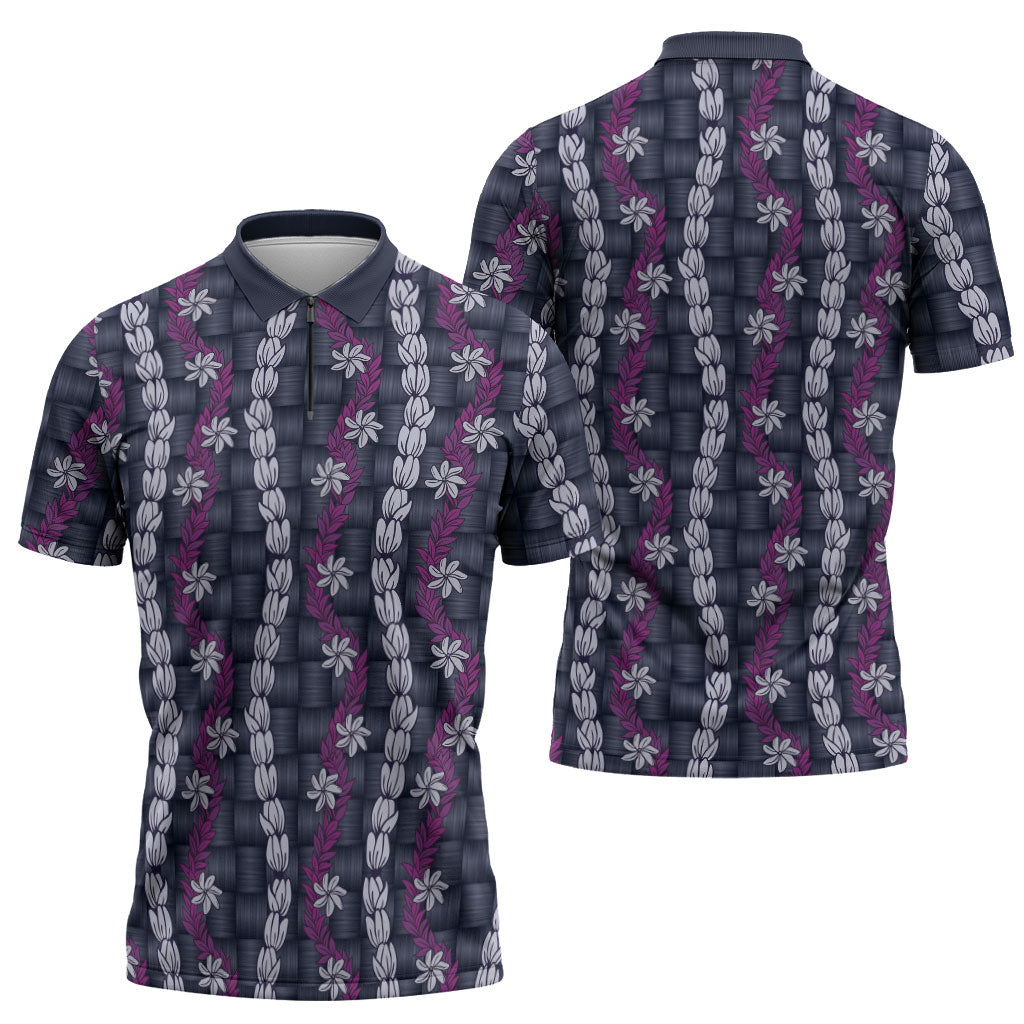 Pikake Maile Tiare Lei Zipper Polo Shirt Poni Lauhala Pattern