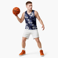Hawaiian Hibiscus Tribal Floral Blue Basketball Jersey Polynesian Tapa Pattern - Polynesian Pride