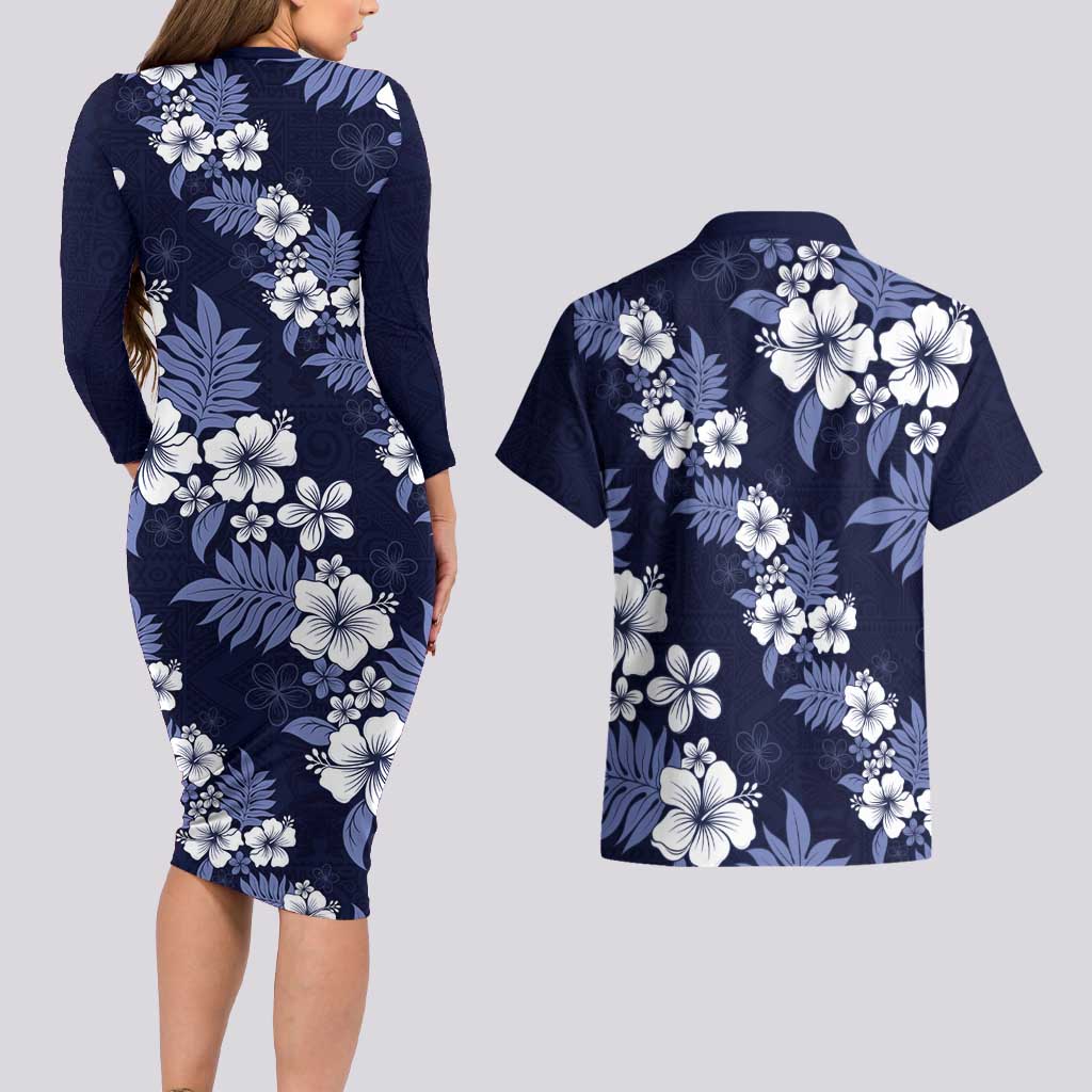 Hawaiian Hibiscus Tribal Floral Blue Couples Matching Long Sleeve Bodycon Dress and Hawaiian Shirt Polynesian Tapa Pattern - Polynesian Pride