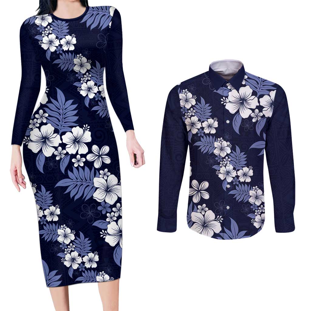 Hawaiian Hibiscus Tribal Floral Blue Couples Matching Long Sleeve Bodycon Dress and Long Sleeve Button Shirt Polynesian Tapa Pattern - Polynesian Pride