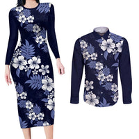 Hawaiian Hibiscus Tribal Floral Blue Couples Matching Long Sleeve Bodycon Dress and Long Sleeve Button Shirt Polynesian Tapa Pattern - Polynesian Pride
