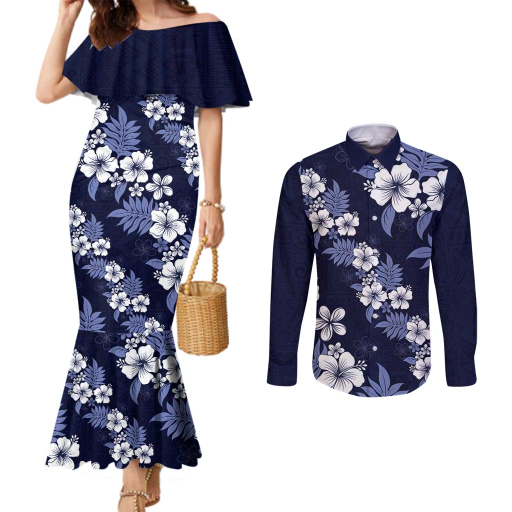 Hawaiian Hibiscus Tribal Floral Blue Couples Matching Mermaid Dress and Long Sleeve Button Shirt Polynesian Tapa Pattern - Polynesian Pride