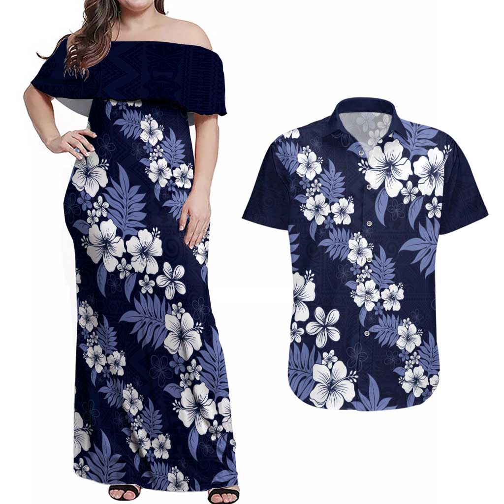 Hawaiian Hibiscus Tribal Floral Blue Couples Matching Off Shoulder Maxi Dress and Hawaiian Shirt Polynesian Tapa Pattern - Polynesian Pride