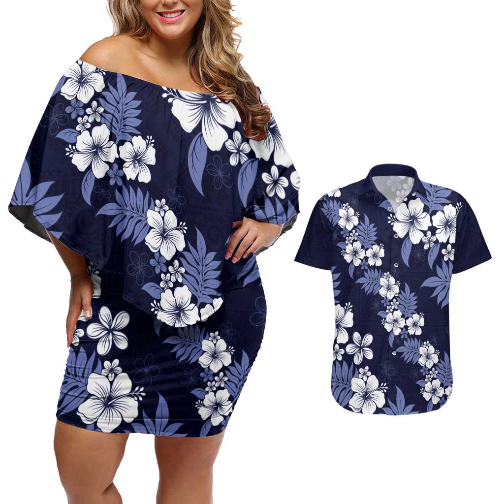 Hawaiian Hibiscus Tribal Floral Blue Couples Matching Off Shoulder Short Dress and Hawaiian Shirt Polynesian Tapa Pattern - Polynesian Pride