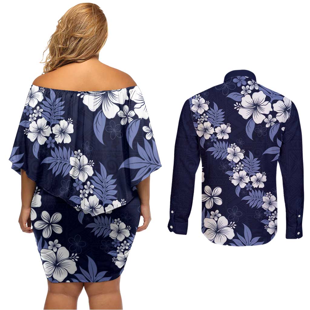 Hawaiian Hibiscus Tribal Floral Blue Couples Matching Off Shoulder Short Dress and Long Sleeve Button Shirt Polynesian Tapa Pattern - Polynesian Pride