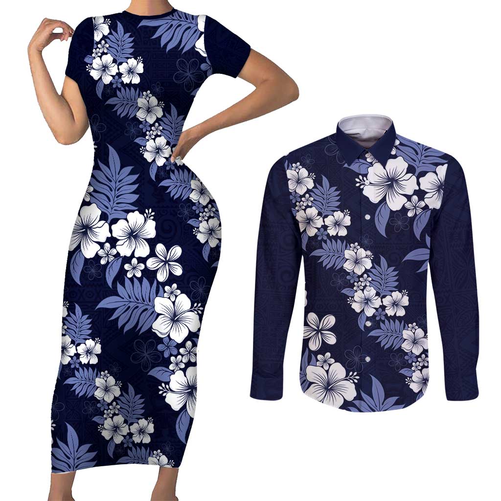 Hawaiian Hibiscus Tribal Floral Blue Couples Matching Short Sleeve Bodycon Dress and Long Sleeve Button Shirt Polynesian Tapa Pattern - Polynesian Pride
