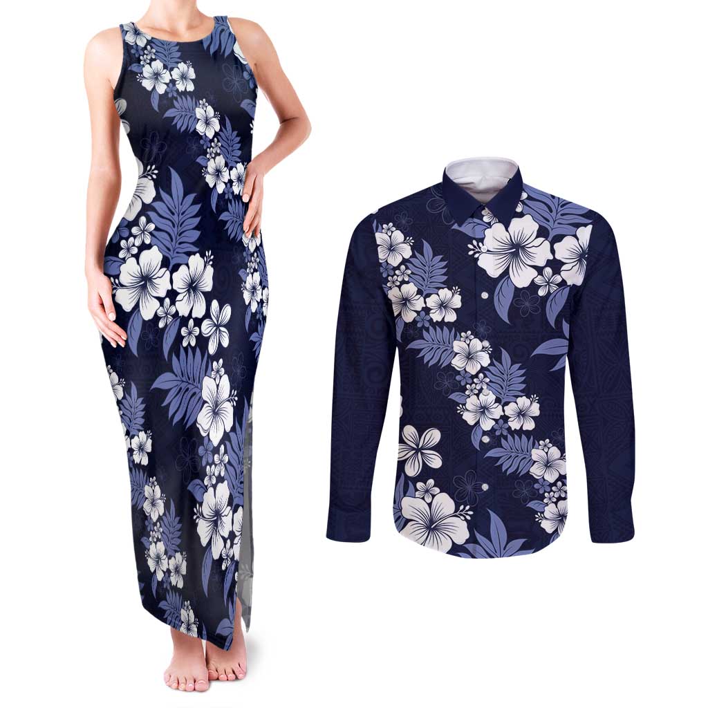 Hawaiian Hibiscus Tribal Floral Blue Couples Matching Tank Maxi Dress and Long Sleeve Button Shirt Polynesian Tapa Pattern - Polynesian Pride