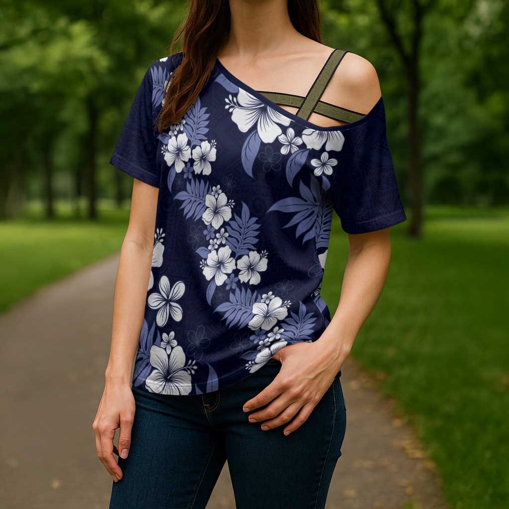 Hawaiian Hibiscus Tribal Floral Blue Cross Shoulder Shirt Polynesian Tapa Pattern - Polynesian Pride